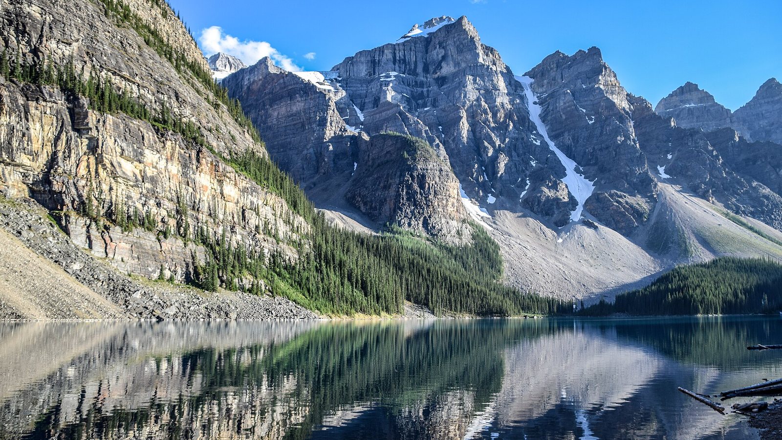 Moraine Lake with mountain peaks reflected in the water, Banff National Park, Alberta