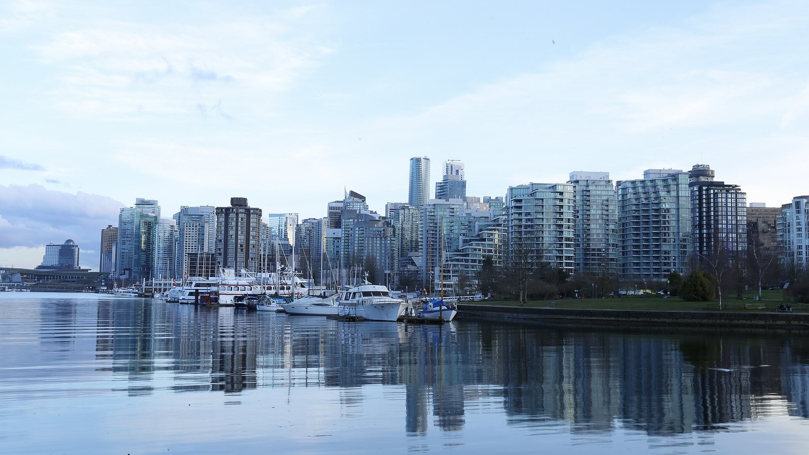 Apartment towers and a marina on the Vancouver waterfront seen from Stanley Park