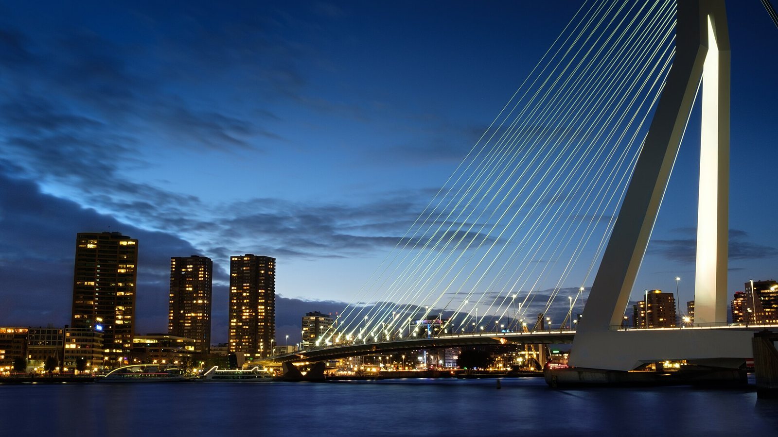 The Erasmus Bridge and Rotterdam skyline at dusk