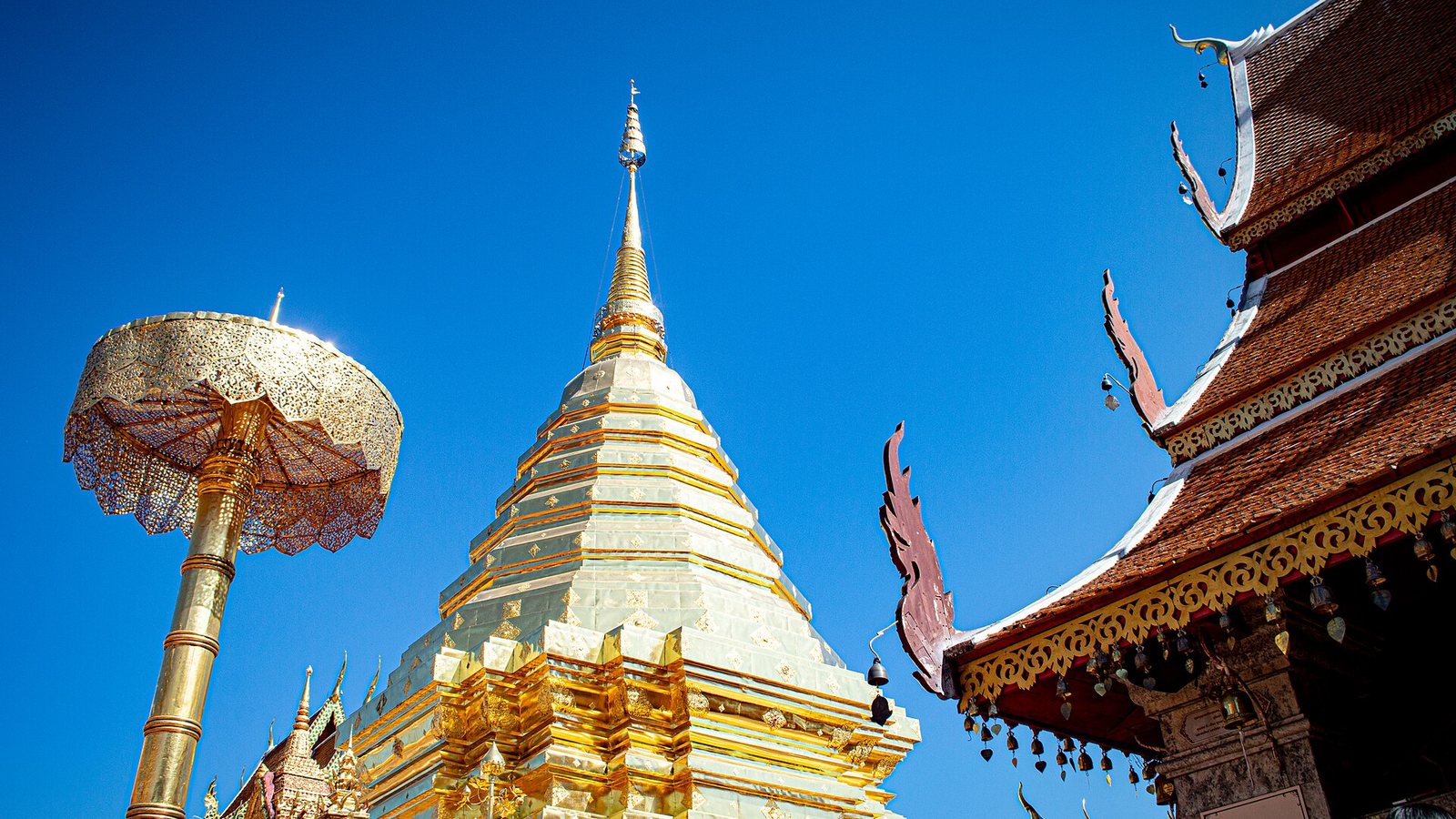 The golden chedi of Wat Phra That Doi Suthep near Chiang Mai, beside a carved temple roof, under a deep blue sky