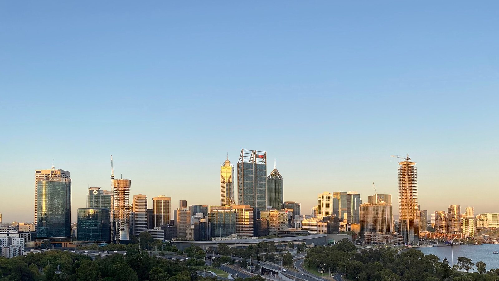 Skyline of the Perth central business district seen from Kings Park at golden hour