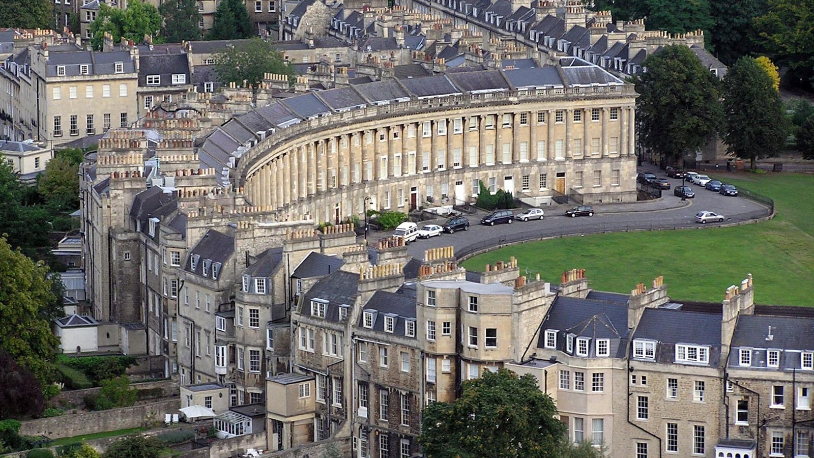 Aerial view of the Royal Crescent, a curved terrace of Georgian houses in Bath, England