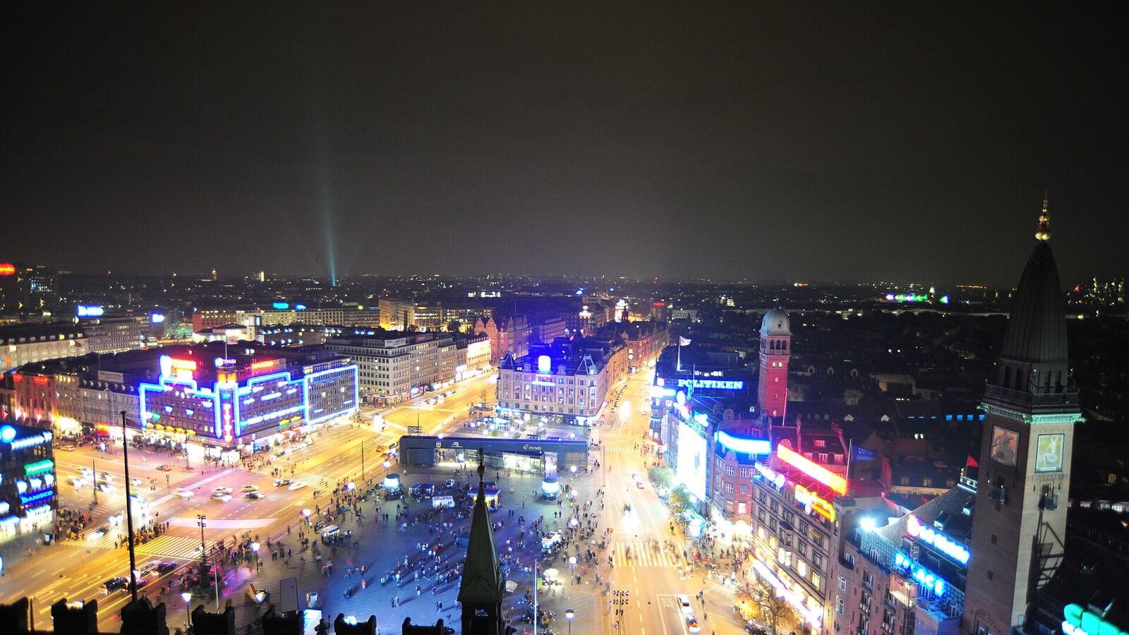 Copenhagen (Denmark) seen from the City Hall clocktower at night