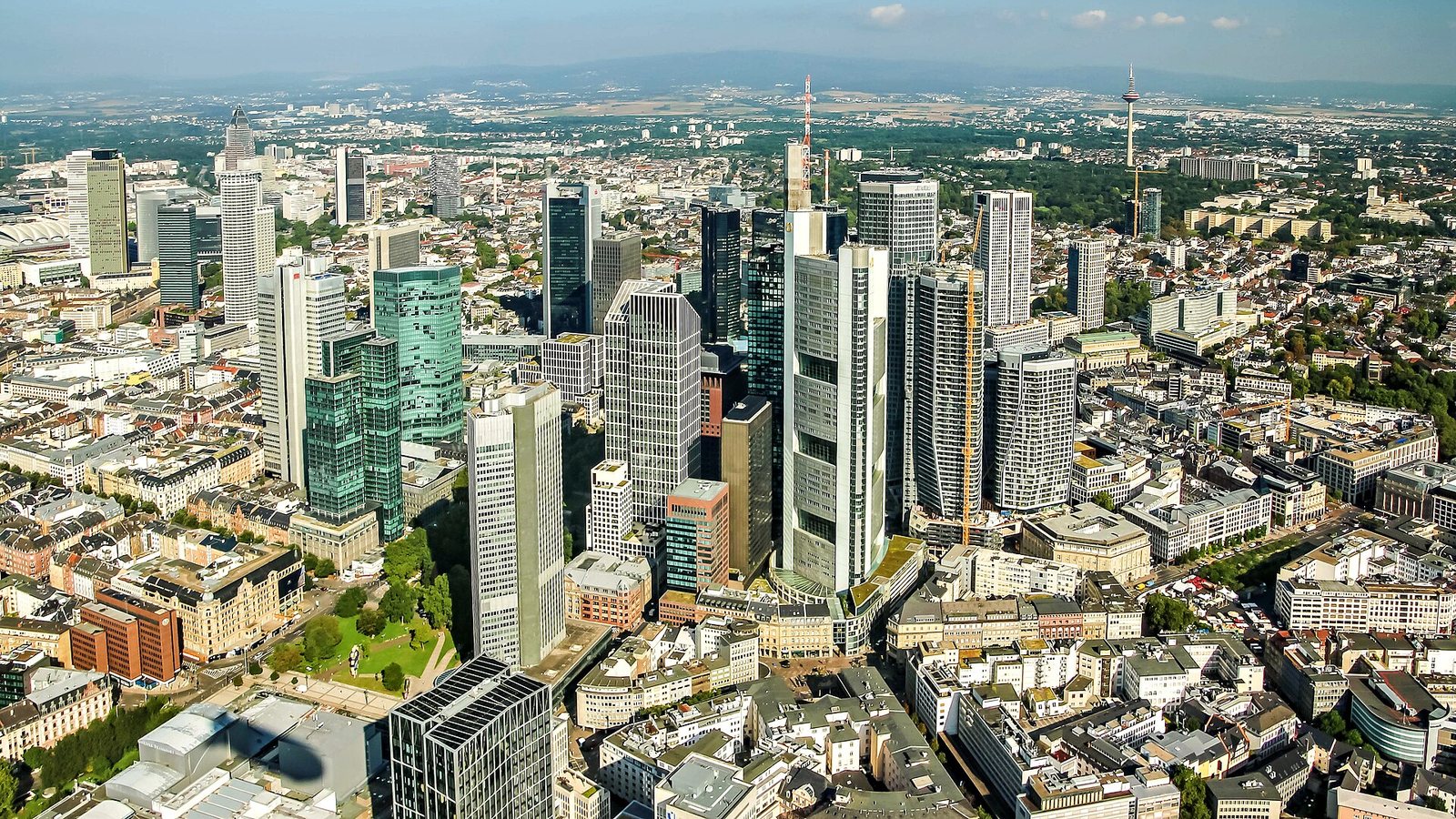 Aerial view of the Frankfurt am Main skyline and central business district