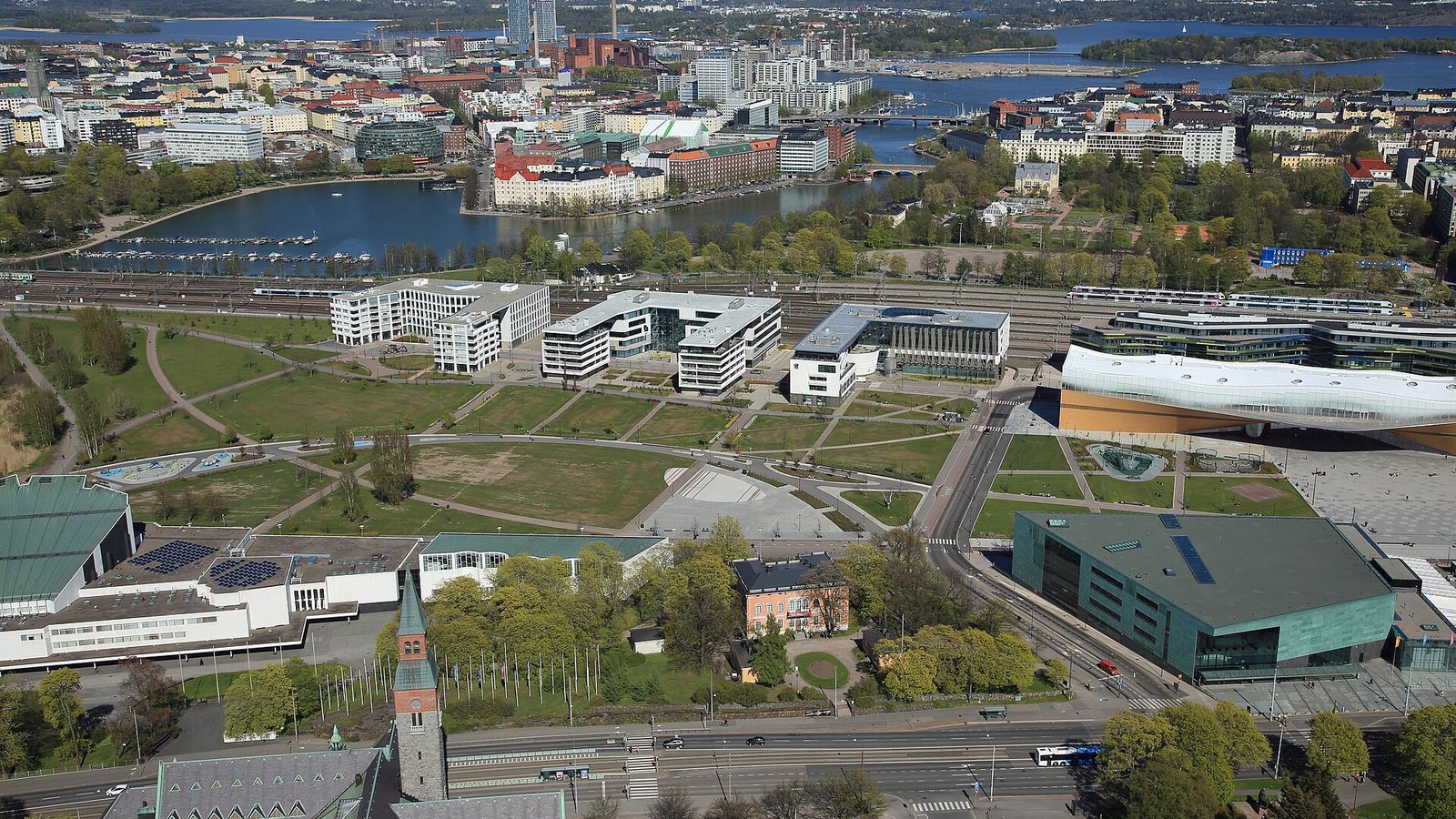 Aerial view of central Helsinki with Töölönlahti bay, the railway yard and the Oodi library