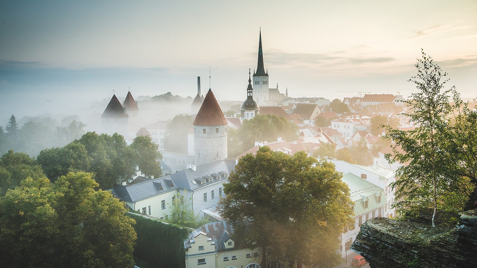 Tallinn old town during sunrise. View from Patkul viewing platform in September 2018