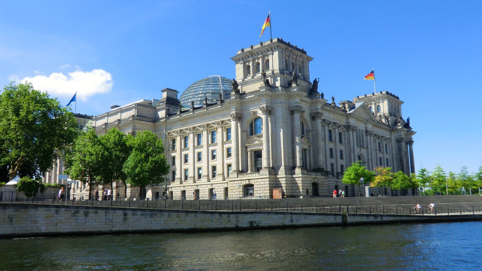 The Reichstag building in Berlin seen from the River Spree