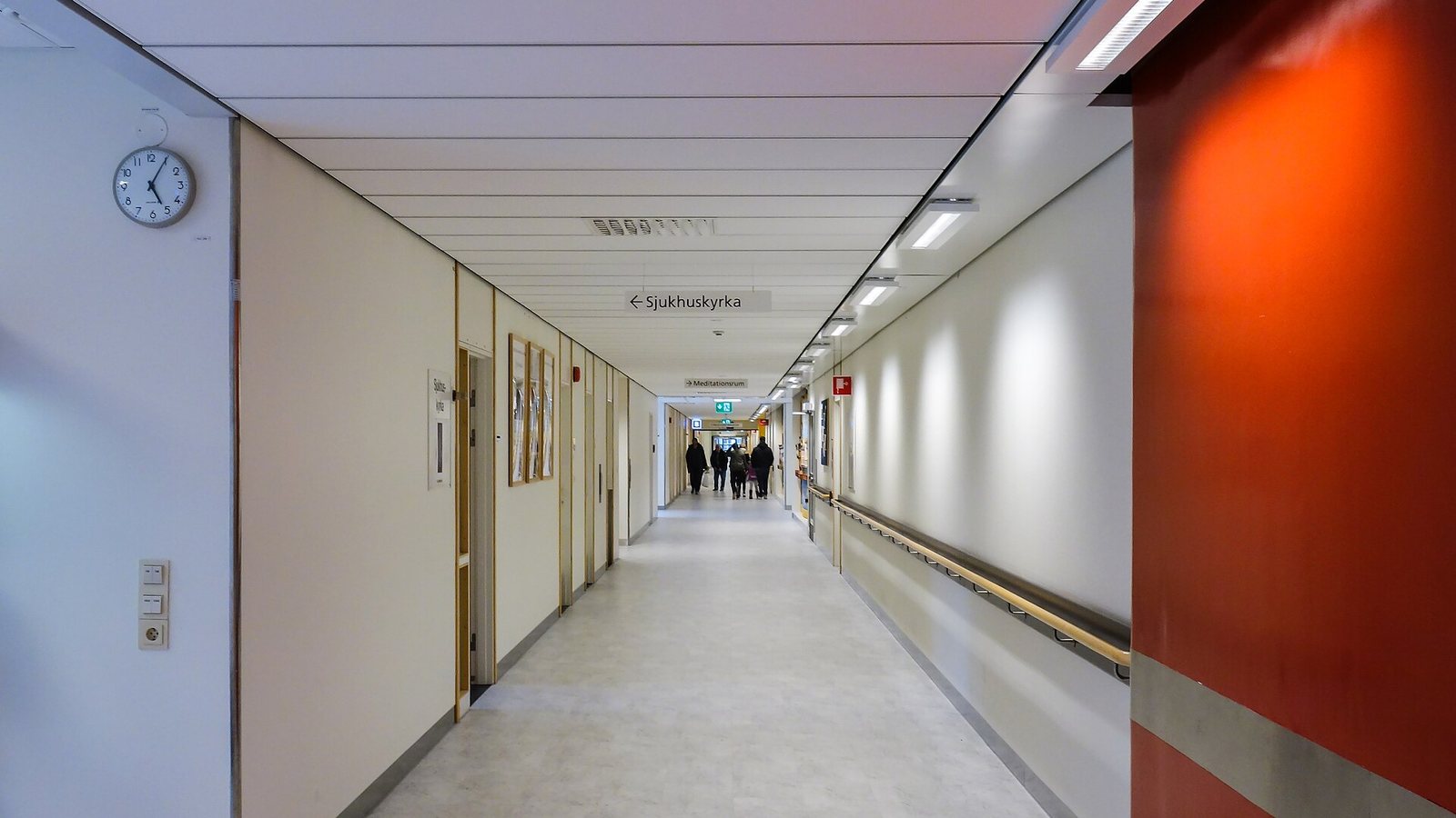 A bright hospital corridor at Norra Älvsborg county hospital in Trollhättan, Sweden