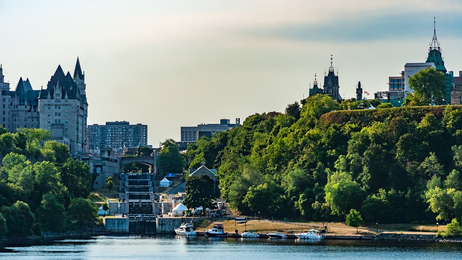 The Rideau Canal locks in Ottawa between the Château Laurier and Parliament Hill