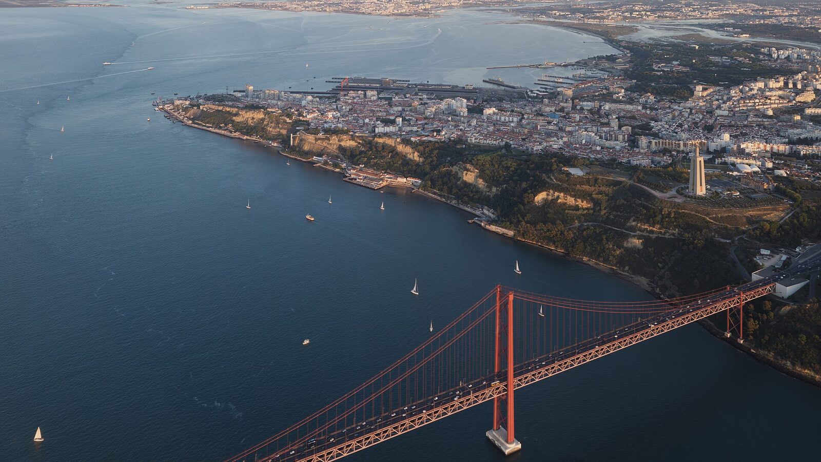 Ponte 25 de Abril seen from a plane on the final approach to the Lisbon airport, Lisbon, Portugal