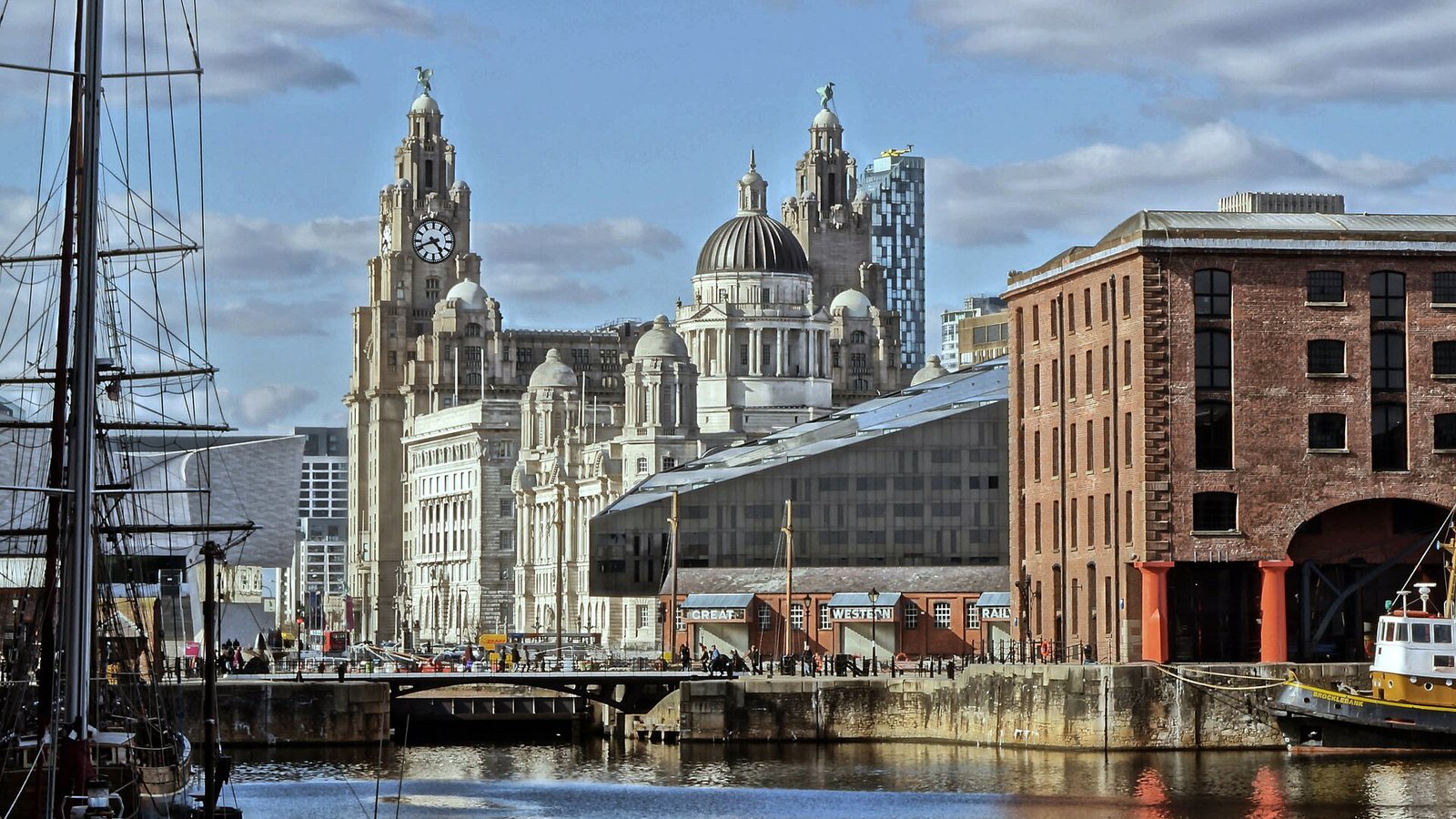 The Royal Liver Building and Port of Liverpool Building at Pier Head seen from Albert Dock, Liverpool