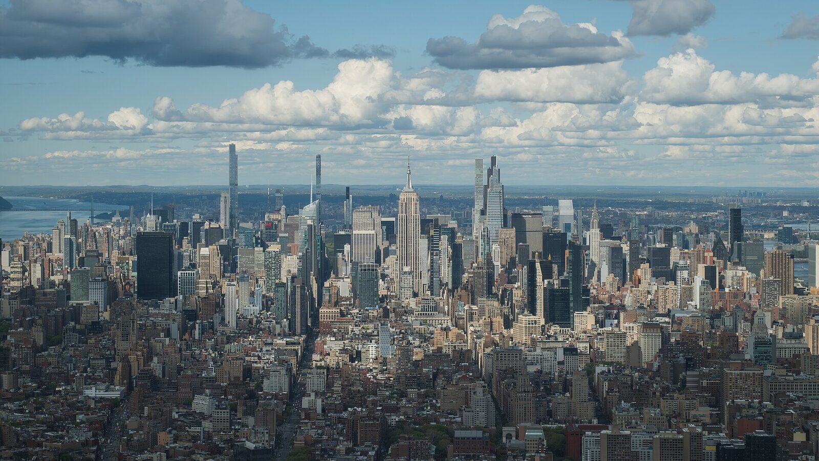 The Midtown Manhattan skyline from the One World Observatory, the Empire State Building at center, New York City, USA