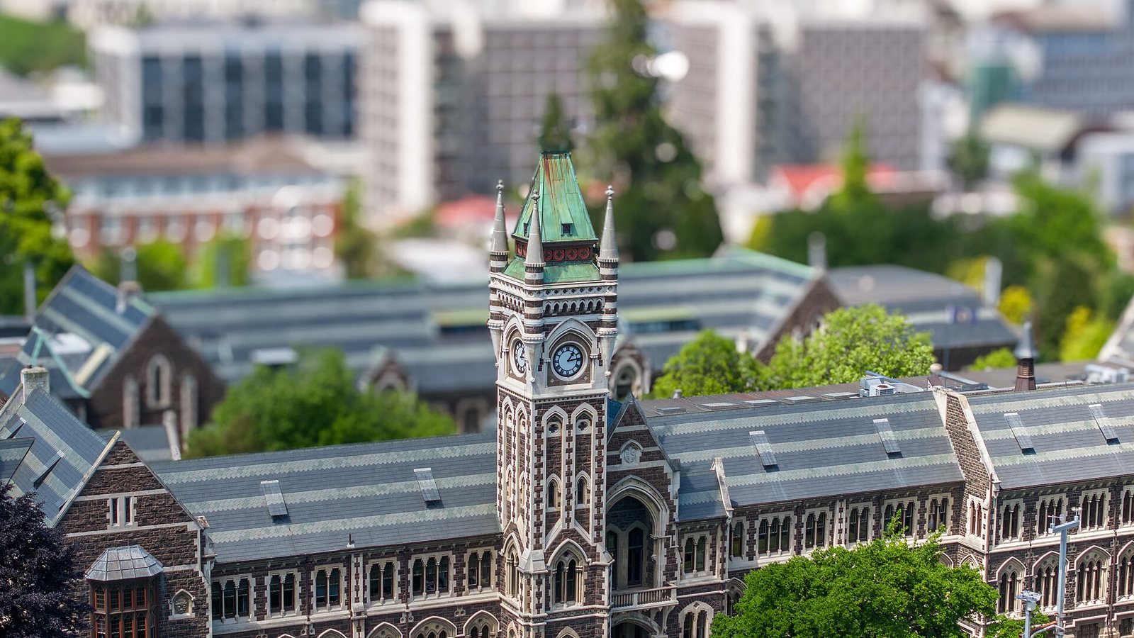 The stone clocktower building of the University of Otago in Dunedin
