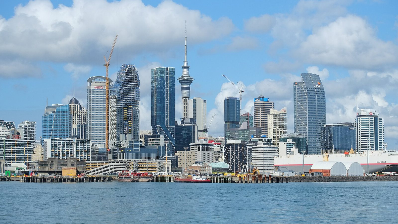 The Auckland city skyline with the Sky Tower seen from the Waitematā Harbour