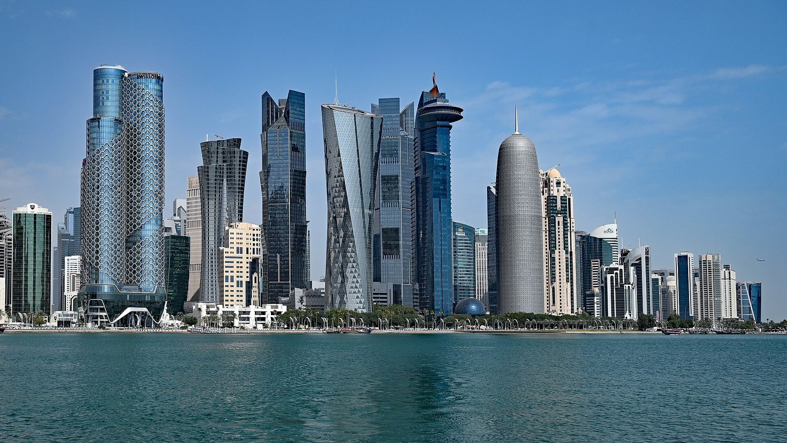 The towers of West Bay in Doha seen across the water on a clear day