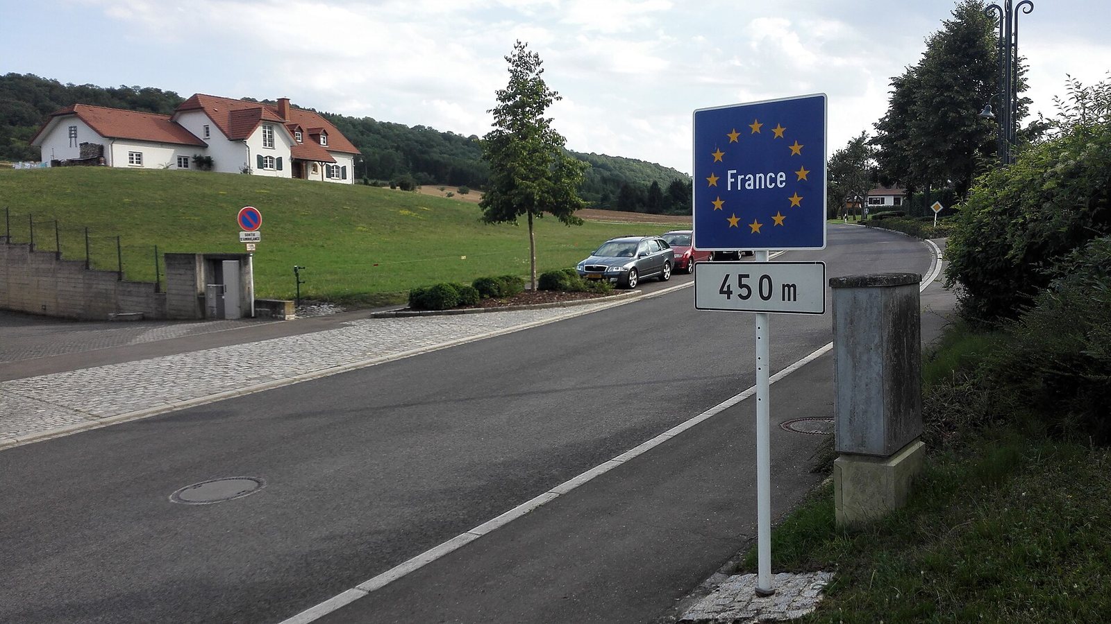 A road sign marking the French border near the village of Schengen, Luxembourg