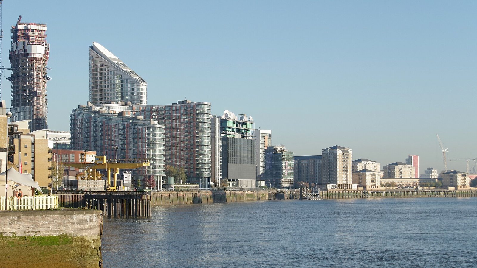 Riverside apartment buildings along the River Thames in east London