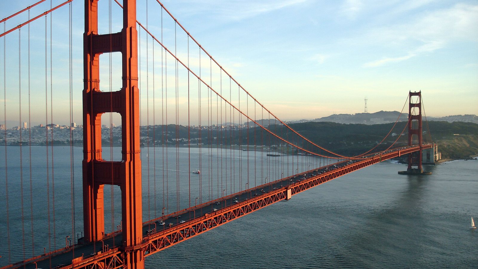 The Golden Gate Bridge seen from the Marin Headlands with San Francisco in the distance