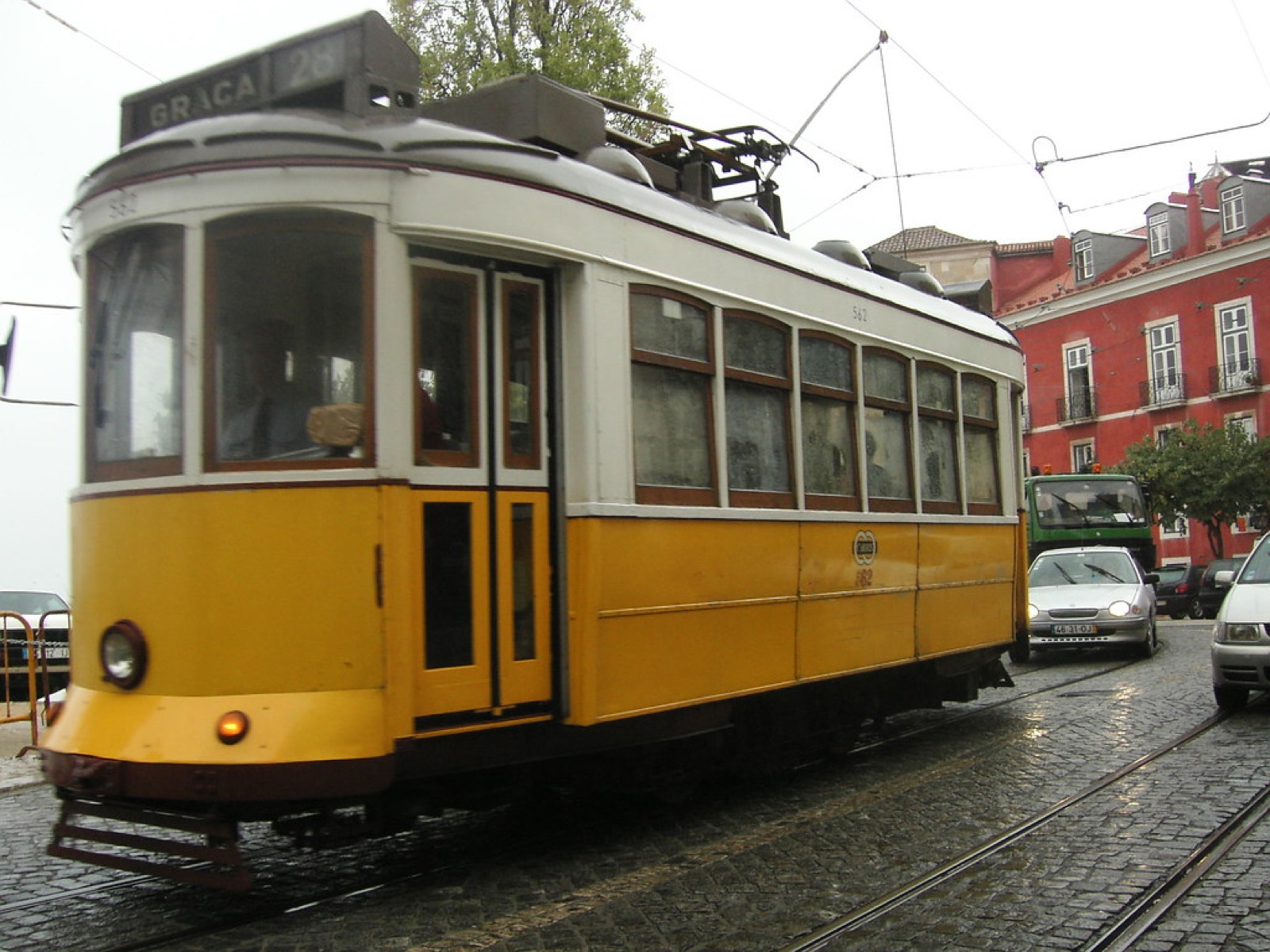 Classic yellow tram in Lisbon, Portugal